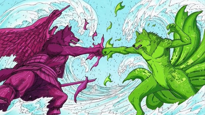 An illustrated battle between a purple armored wolf creature and a green wolf creature amidst crashing waves.