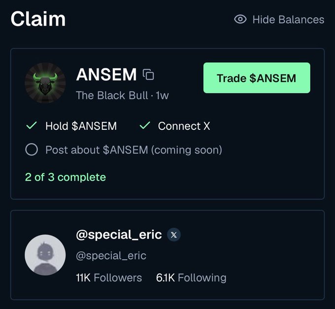 A screenshot of the BullpenFi platform showing a "Claim" page for the $ANSEM token ("The Black Bull"), where user @special_eric has completed 2 of 3 requirements (Hold $ANSEM and Connect X) but the third—posting about $ANSEM—remains unchecked. This visually confirms the poster's complaint about not receiving credit for their $ANSEM posts on BullpenFi.