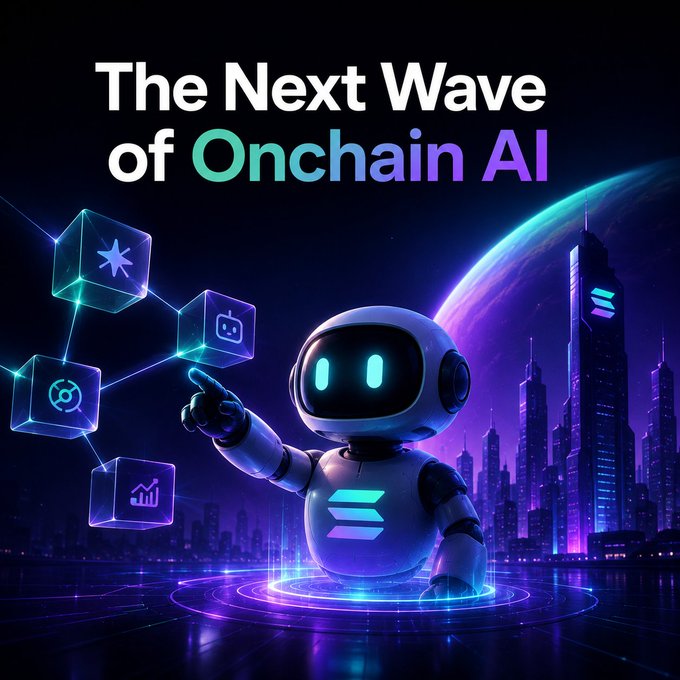The image features a robot with a human-like face, standing in front of a city skyline at night. The robot has a "Solana" logo on its chest and appears to be pointing towards the sky. The background shows a cityscape with buildings illuminated by artificial lights. The text above the robot reads "The Next Wave of Onchain AI", which suggests that the image is related to the development or adoption of AI in the context of blockchain technology, specifically Solana's use of AI agents for various tasks and applications.