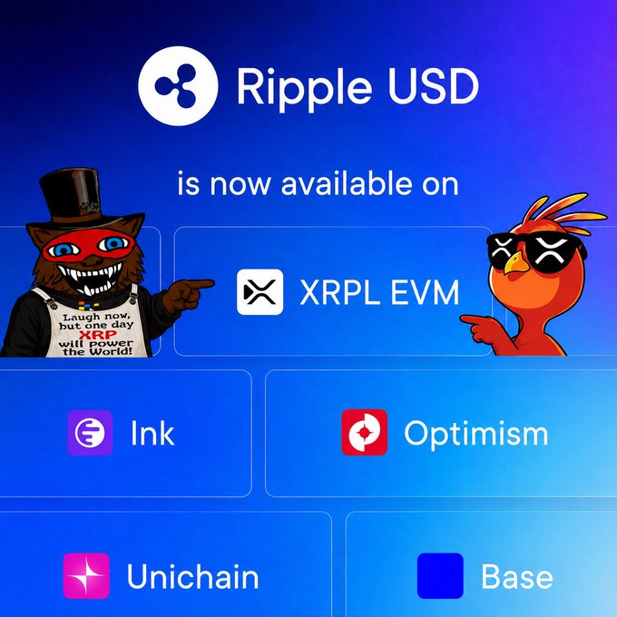 The image features a blue background with white text that reads "THE EVM just got XRPL 'D | RLUSD IS LIVE ON SIDECHAIN! XRPL EVM Sidechain just dropped native $RLUSD support Now you can move between EVM chains and XRPL with ease. ETH, SOL, stables". The post is about Ripple USDC and its new feature of XRPEVM. It also includes a cartoon image of two characters wearing top hats and sunglasses to represent the cryptocurrency Ripple USDC.