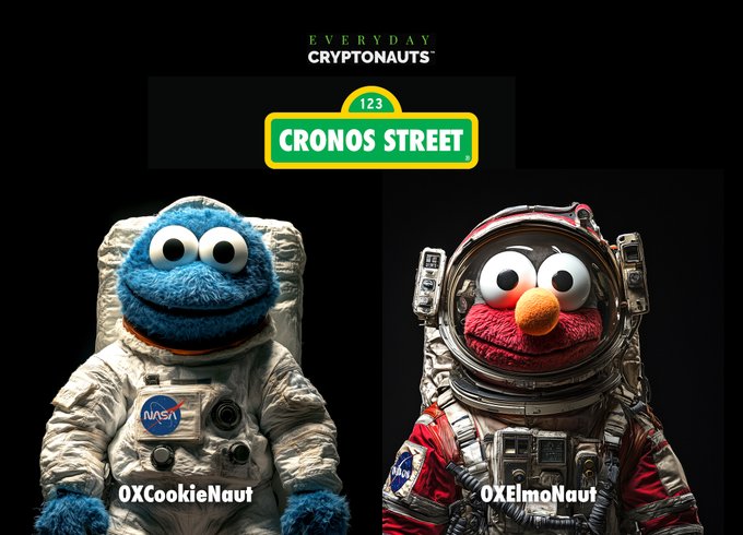 A promotional image for 'EVERYDAY CRYPTONAUTS' featuring Cookie Monster as '0XCookieNaut' in a NASA spacesuit and Elmo as '0XElmoNaut' in a red spacesuit, advertising '123 CRONOS STREET'.