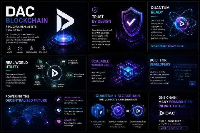 A promotional infographic for 'DAC Blockchain' featuring nine panels with text including 'REAL DATA. REAL ASSETS. REAL IMPACT.', 'TRUST BY DESIGN', 'QUANTUM READY', 'REAL WORLD UTILITY', 'SCALABLE WITHOUT LIMITS', 'BUILT FOR DEVELOPERS', 'POWERING THE DECENTRALIZED FUTURE', 'QUANTUM + BLOCKCHAIN THE ULTIMATE COMBINATION', and 'ONE CHAIN. MANY POSSIBILITIES. INFINITE FUTURE.'