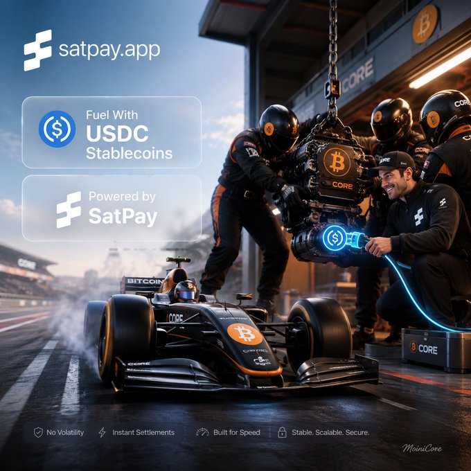 An advertisement for 'satpay.app' showing a Formula 1 race car being refueled with 'USDC Stablecoins' by a pit crew, with text promoting features like 'No Volatility,' 'Instant Settlements,' and 'Built for Speed.'
