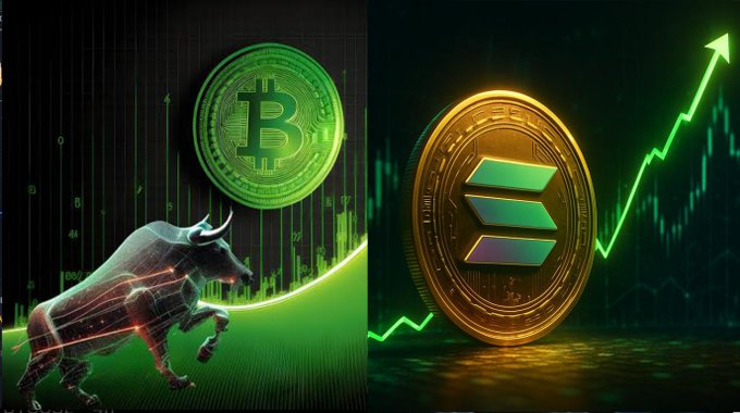 A split graphic showing a green Bitcoin coin with a bull on the left and a gold Solana coin with an upward trending green arrow chart on the right, representing a crypto bull run.
