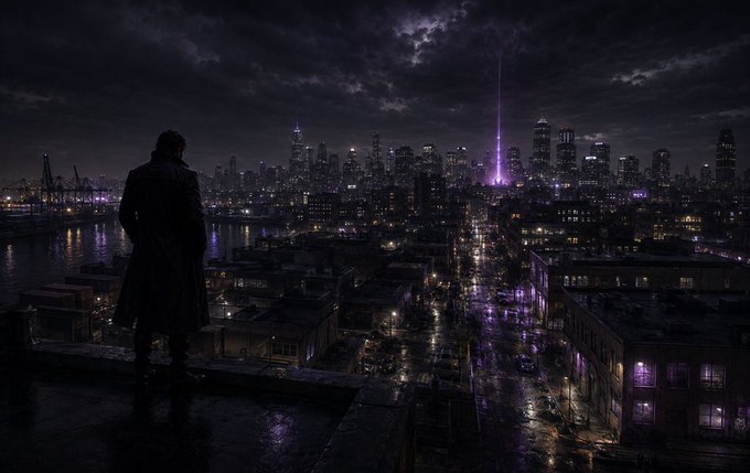 A silhouetted figure in a long coat stands on a rooftop gazing over a dark, rain-slicked city at night, where a striking purple beam of light shoots up into the cloudy sky from the distant skyline.