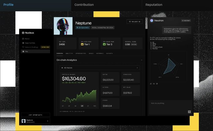A screenshot of the Nucleus platform displays a user profile for "Neptune" (@poseidonmach), showing an on-chain portfolio balance of $16,304.60, a Soul Score of 3406, Tier 1 OG status, and a reputation radar chart. The image illustrates the post's message by showcasing how Nucleus combines multiple metrics—portfolio value, activity, and participation—into a comprehensive digital reputation profile rather than relying solely on a wallet address.