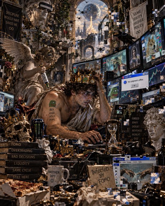 A baroque-style digital art collage depicting a man wearing a crown of thorns sitting at a desk surrounded by monitors displaying trading charts, with text overlays including 'FOMO', 'OVERTRADING', 'BAD DECISIONS', 'LIQUIDITY', 'SAME CYCLE', 'STILL HERE', 'BUY HIGH, HOLD HIGHER', 'GREED ENVY DOUBT REVENGE REPEAT', and 'Infected by My FOMO'.