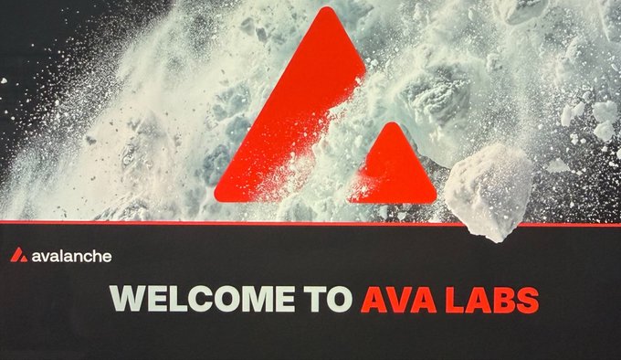 A promotional banner for Avalanche (AVA LABS) cryptocurrency, featuring the red triangle logo over an image of an exploding avalanche, with the text "WELCOME TO AVA LABS".
