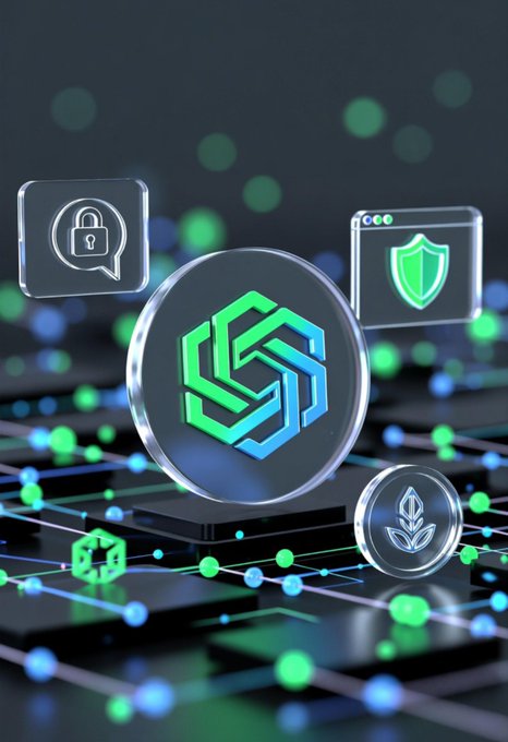 A 3D digital graphic featuring a central green and blue logo surrounded by floating icons representing security (a lock), protection (a shield), and growth (a plant) against a glowing tech-themed background.