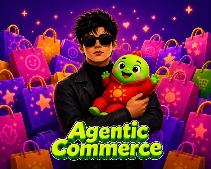 A colorful promotional graphic featuring a stylized character in sunglasses holding a green mascot, surrounded by vibrant shopping bags with the text 'Agentic Commerce' displayed prominently.