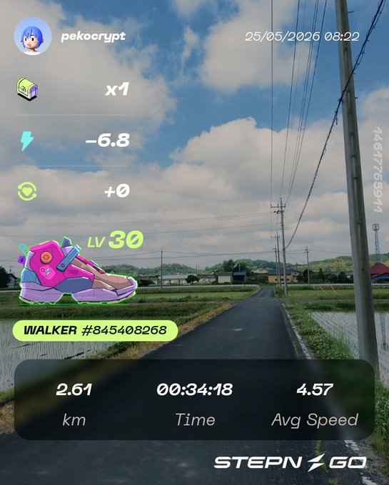 ikeboript's walking game progress, featuring a pink shoe and green grassy field with power lines against a blue sky.