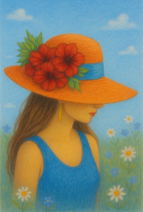 The image features a woman wearing an orange hat, standing in front of a field filled with flowers. The woman's face is partially obscured by her hat, but she can be seen looking off into the distance. The background consists of a blue sky dotted with clouds and white flowers scattered throughout the scene. The post includes text that reads "Good morning my dear fam #AEW Embrace of the breeze Done with colored pencil and watercolor Only 1 edition left Tezos 5.15".
