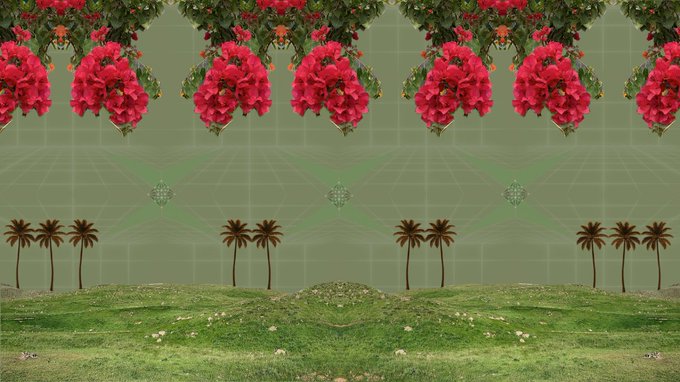 A mirrored, kaleidoscopic surreal landscape with clusters of bright pink flowers hanging upside-down from the top, symmetrically arranged palm trees, and a green grid-patterned sky over a grassy terrain.