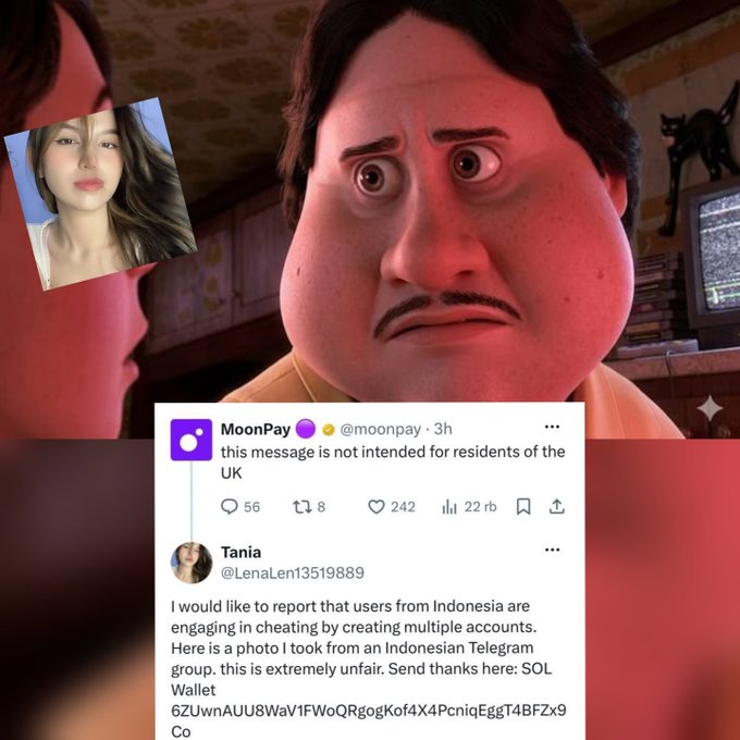 A meme showing a worried animated character with a woman's photo overlay and a tweet from MoonPay claiming 'this message is not intended for residents of the UK,' followed by a user named Tania reporting cheating users from Indonesia and providing a Solana wallet address.