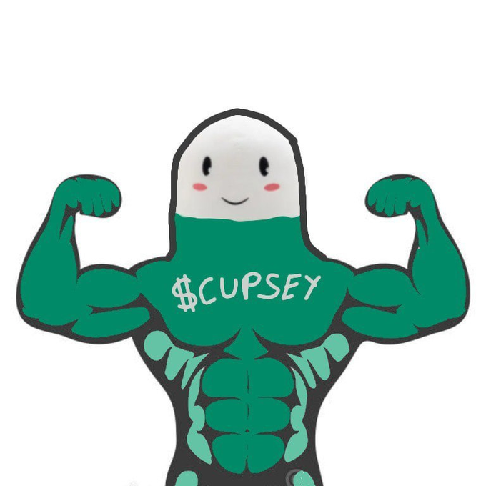 An illustration depicts a muscular, green-skinned humanoid figure wearing a white hood, with the text '$CUPSEY' written across its chest, flexing its biceps against a white background.