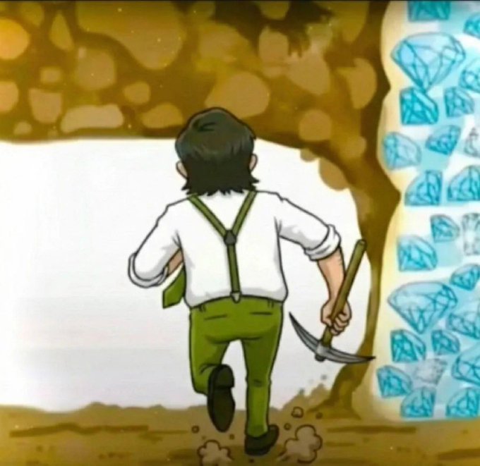 A cartoon miner with a pickaxe runs toward a sparkling cave entrance filled with blue gemstones, symbolizing the hunt for undervalued "gems" in the market.