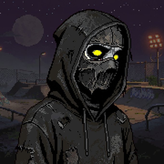 Pixel art of a hooded, skull-faced figure with glowing yellow eyes standing in a skatepark at night under a starry sky.