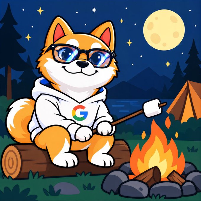 A cartoon illustration of a Shiba Inu dog wearing glasses with rainbow reflections and a white Google (G logo) hoodie, roasting a marshmallow by a campfire at night under a full moon.