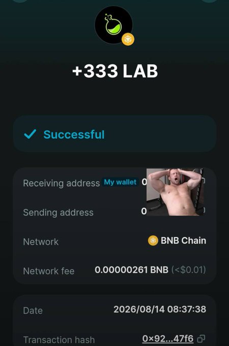 The image displays a successful cryptocurrency transaction confirmation showing "+333 LAB" tokens claimed on the BNB Chain network, with a network fee of just 0.00000261 BNB (less than $0.01), dated 2026/08/14 at 08:37:38. It serves as visual proof of a completed $LAB claim, aligning with the post announcing that the $LAB claim is officially live and encouraging the community to check their eligibility.