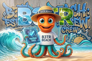 An orange octopus mascot wearing a "B3TR BEACH" hat and shirt holds a "Verified Data" badge on a beach setting with graffiti-style "B3TR" art in the background, promoting the B3TR Beach initiative that rewards users for organizing and joining community cleanups in partnership with VeChain.