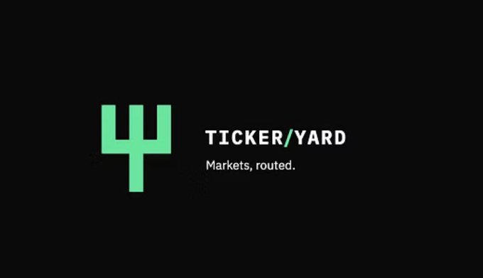 A black logo screen displays a green geometric icon alongside the text 'TICKER/YARD' and the tagline 'Markets, routed.'