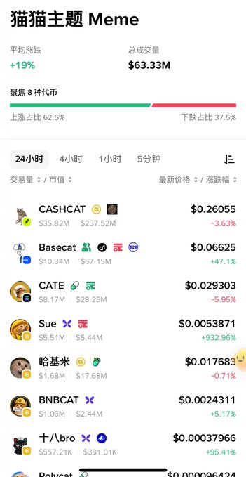 A cryptocurrency trading app screen in Chinese titled '猫猫主题 Meme' (Cat-themed Meme) showing various cat-related tokens including CASHCAT, Basecat, CATE, Sue, 哈基米, BNBCAT, and 十八/bro with their respective prices and 24-hour price changes.