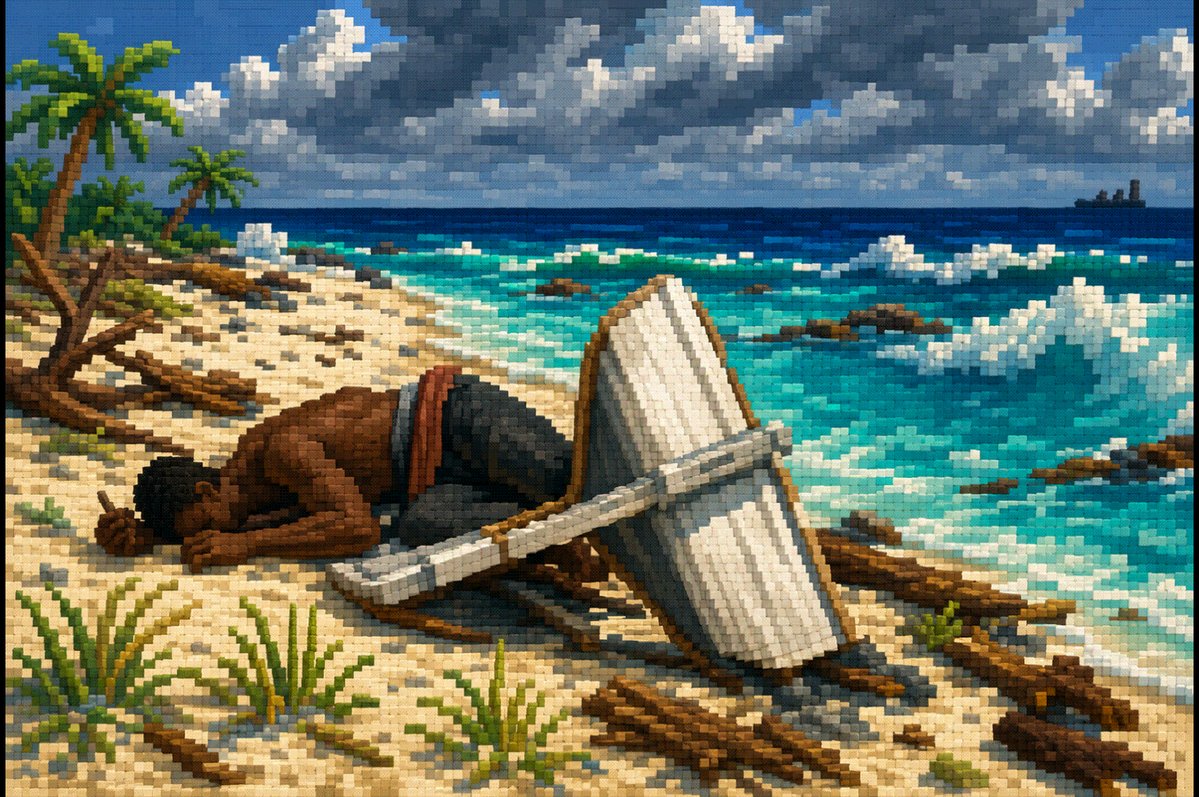 A painting depicting a man laying down on a beach with his head resting on a boat, which appears to be broken or damaged. The painting is done using pixel art style and has a blue background with white clouds. The caption of the image reads "When the Sea Falls Silent" by Winslow Homer.