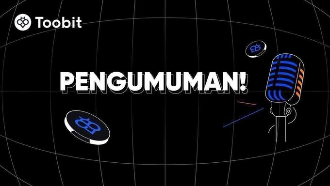 A graphic with 'Toobit' logo and the word 'PENGUMUMAN!' (Indonesian for 'Announcement!') featuring a microphone and coin illustrations on a black grid background.