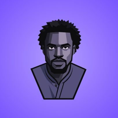 A stylized cartoon/avatar illustration of a man with dark skin, a beard, and spiky black hair, wearing a dark button-up shirt against a solid purple background.
