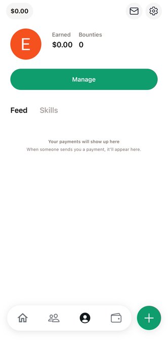 A mobile app dashboard showing an empty account with $0.00 earned, 0 bounties, and 'Your payments will show up here' placeholder text.
