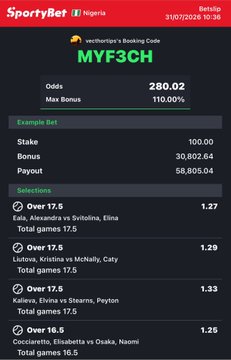 A screenshot of a SportyBet Nigeria betslip dated 31/07/2026 at 10:38, showing a four-selection accumulator on women's tennis matches (Eala vs Svitolina, Liu vs McNally, Kalieva vs Stearns, Cocciaretto vs Osaka) all set at Over 17.5 games, with stake 100, payout 58,805.04, and odds of 280.02 plus a 110% max bonus using promo code MYF3CH.