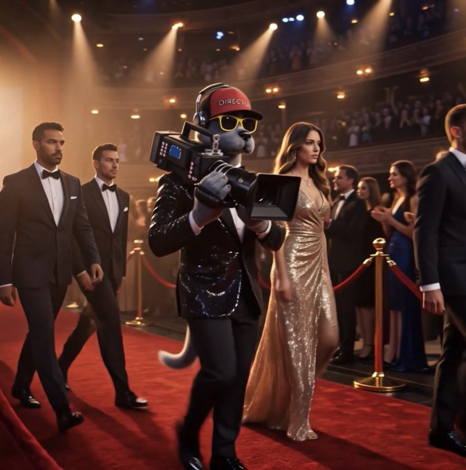 An anthropomorphic gray cat wearing sunglasses, a sequined tuxedo jacket, and a "DIRECT" cap films with a professional video camera on a red carpet event attended by formally dressed humans.