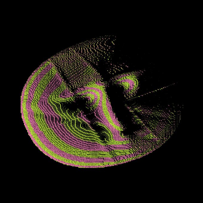 An abstract 3D rendering with concentric pink and green circular patterns on a black background, resembling a stylized topographical or fractal design.