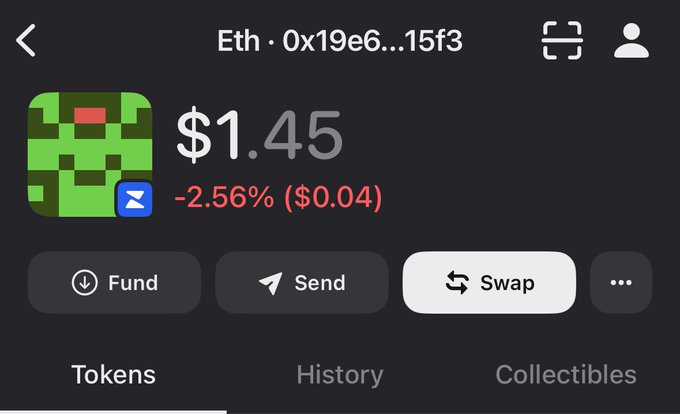 A cryptocurrency wallet interface displays a token labeled "Eth" at address 0x19e6...15f3, currently valued at $1.45 with a -2.56% decline ($0.04 drop), featuring Fund, Send, and Swap options. The image humorously illustrates the post's ambitious goal, showing the stark contrast between the token's modest $1.45 price and the user's aspiration to reach a $1 million valuation by tomorrow.