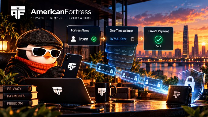 An advertisement for 'AmericanFortress' ('PRIVATE · SIMPLE · EVERYWHERE') showing a penguin character with sunglasses using a phone and laptop, highlighting features like 'FortressName', 'One-Time Address', and 'Private Payment' against a city skyline.