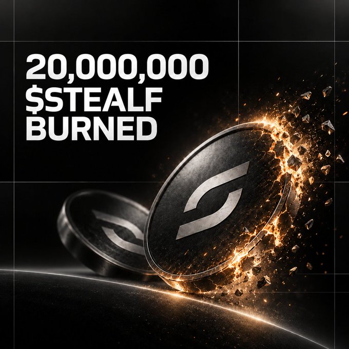 Promotional graphic with text '20,000,000 $STEALF BURNED' showing a stylized coin with the 'S' logo shattering amid fiery debris against a dark background.