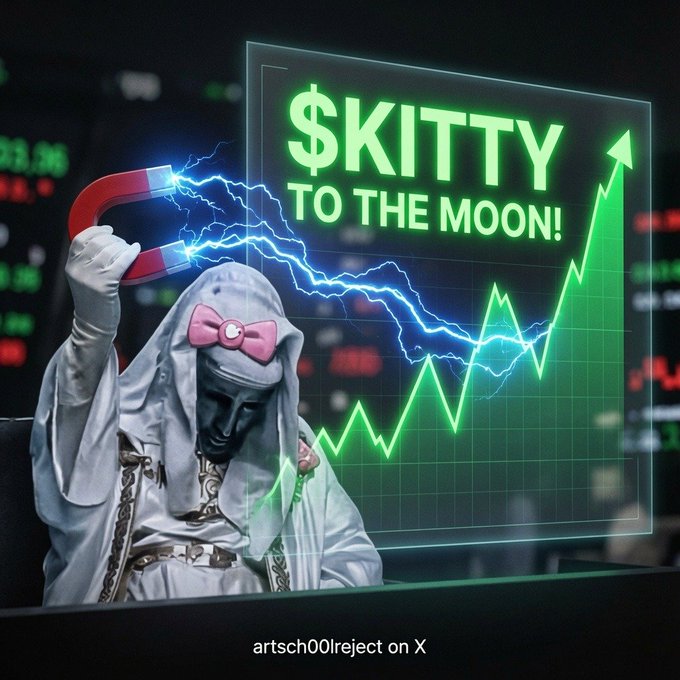 A digitally edited image of a hooded figure with a Hello Kitty bow being pulled by a magnet toward a rising green stock chart labeled '$KITTY TO THE MOON!' with 'artsch00lreject on X' at the bottom.
