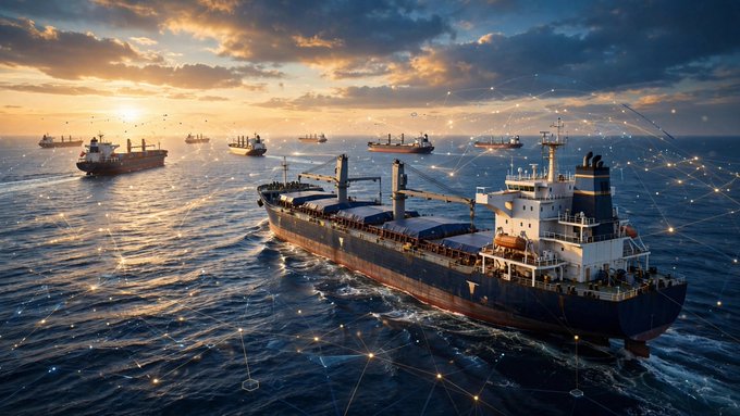 A fleet of cargo ships sails across the ocean at sunset, overlaid with glowing network connections symbolizing global trade and digital infrastructure—visually reinforcing the post's message about humanity's dependence on shipping for global supply chains and how EthraShip aims to bring ownership of that infrastructure on-chain.