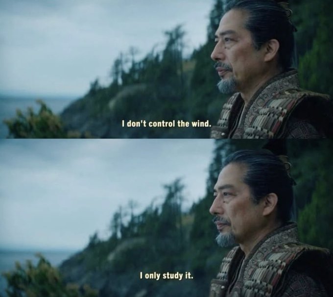 A samurai stands on a cliffside overlooking a misty landscape, with subtitles reading "I don't control the wind. I only study it." The post humorously likens this stoic philosophy to predicting crypto market movements—positioning oneself not as controlling the outcome, but as someone who studies the patterns, reinforcing the laid-back, wise "I just get it" energy of a savvy gambler.