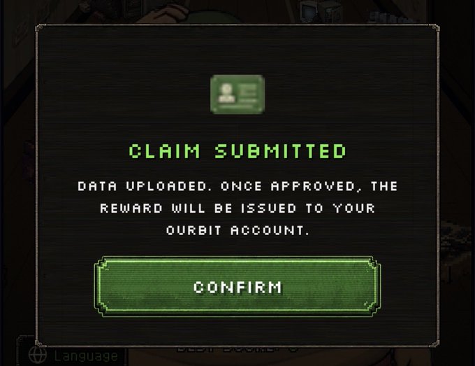 A video game confirmation screen reads 'CLAIM SUBMITTED. DATA UPLOADED. ONCE APPROVED, THE REWARD WILL BE ISSUED TO YOUR QURBIT ACCOUNT' with a green 'CONFIRM' button.