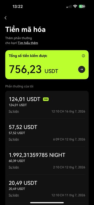 A mobile app screenshot in Vietnamese showing 'Tiền mã hóa' (cryptocurrency) rewards totaling 756.23 USDT, with a breakdown of earnings including 124.01 USDT and 57.52 USDT from events.