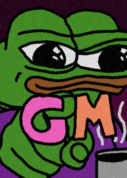 A cartoon illustration of a green Pepe-style frog character holding a cigar with 'GM' (good morning) letters in pink and orange.