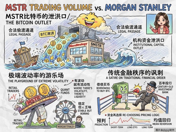 A colorful Chinese infographic comparing MSTR (MicroStrategy) trading volume to Morgan Stanley, depicting MSTR as "THE BITCOIN OUTLET" with imagery of a building pouring Bitcoin into water, while contrasting it as "THE PLAYGROUND OF EXTREME VOLATILITY" for retail traders versus "A SATIRE ON TRADITIONAL FINANCIAL ORDER" for the century-old investment bank. The visual supports the post's claim that MSTR's daily trading volume frequently surpasses Morgan Stanley's, illustrating why the software company's liquidity rivals giants like TSLA and NVDA as the largest spot Bitcoin leverage fund in US markets.