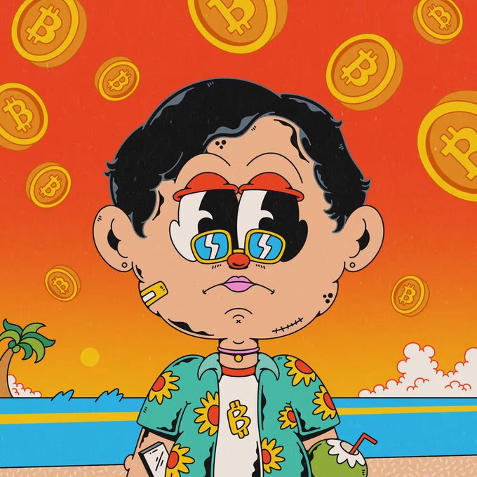 A cartoon illustration of a character with stitched scars wearing a Bitcoin-logo shirt and Bitcoin-reflection sunglasses, set against an orange background with floating Bitcoin coins.