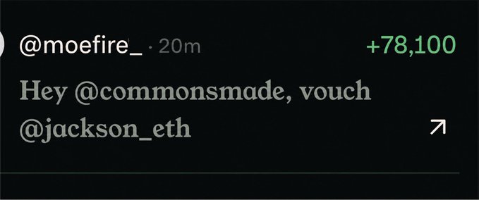 A screenshot of a tweet by @moefire_ posted 20 minutes ago, showing the text "Hey @commonsmade, vouch @jackson_eth" with an engagement score of +78,100 in the top right corner, directly matching the post's claim about a vouch worth 78k points.