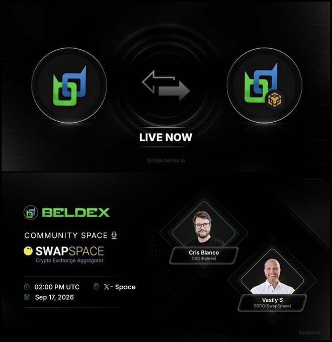 A Beldex promotional graphic announcing a live bridge service and a community X-Space event with SwapSpace on September 17, 2026 at 02:00 PM UTC, featuring speakers Cris Blanco (CSO, Beldex) and Vasily S (CBDO, SwapSpace).