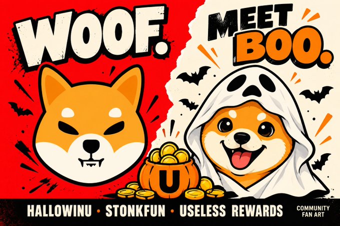 A Halloween-themed meme featuring two Shiba Inu dogs with the text 'WOOF. MEET BOO.', showing one in a pumpkin and another dressed as a ghost, along with 'HALLOWINU • STONKFUN • USELESS REWARDS' and 'COMMUNITY FAN ART'.