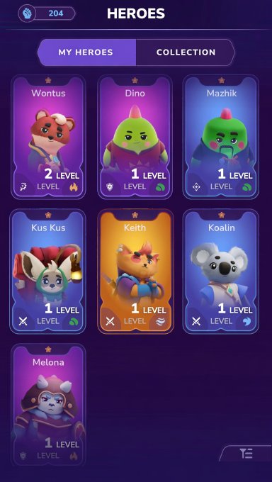 Mobile game 'HEROES' screen showing a character collection with heroes like Wontus (Level 2), Dino, Mazhik, Kus Kus, Keith, Koalin, and Melona, with 204 gems displayed.