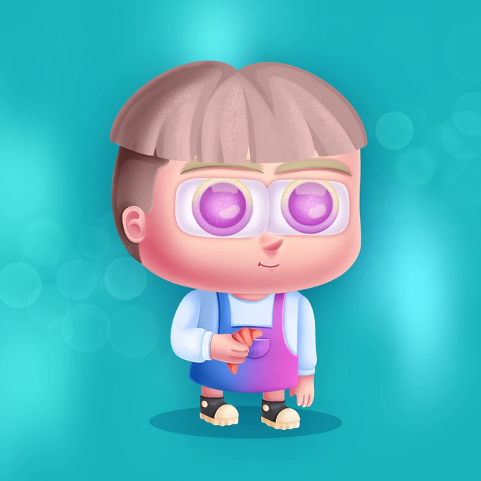 A chibi-style cartoon character with large purple eyes and a beige bowl haircut stands on a teal background, holding a small orange object. The image appears to be one of the Robinhood NFT collections being compared, likely representing the "PonsGuy" artwork in the head-to-head matchup against "Lilverse."