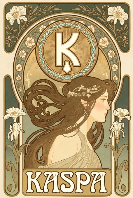 The image features a woman with long hair, wearing a white dress adorned with flowers. She has her hair styled in an elegant updo that complements her attire. The background of the image is a light green color, which contrasts nicely with the brown hues of the woman's dress and hair. The text "KASPA" is written on this background, indicating the name or title of the post.